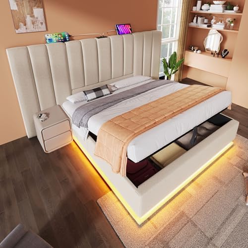 Lumivortex Doppelbett 160x200, Polsterbett mit Stauraum, Bett mit LED und USB Ladeanschluss, Bettgestell mit Lattenrost, Leinen, Ohne Matratze und Nachttisch (Beige 160x200) von Lumivortex