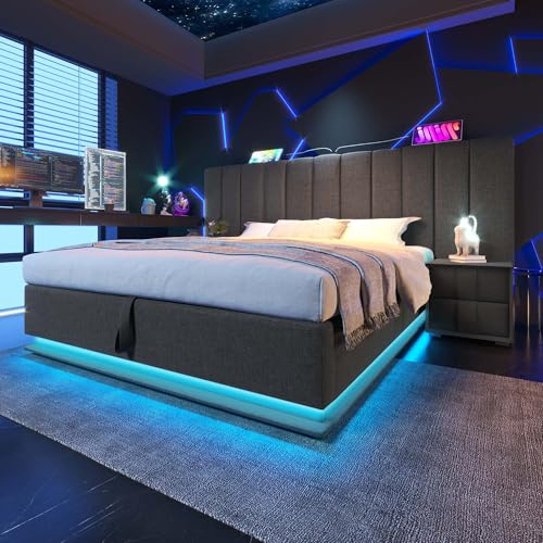 Lumivortex Doppelbett 160x200, Polsterbett mit Stauraum, Bett mit LED und USB Ladeanschluss, Bettgestell mit Lattenrost, Leinen, Ohne Matratze und Nachttisch (Schwarz 160x200) von Lumivortex