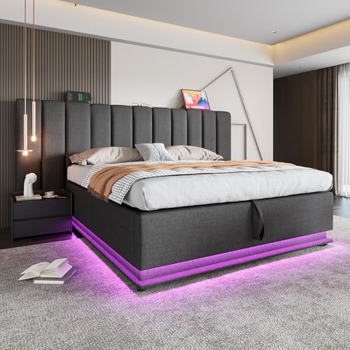 Lumivortex Doppelbett 180x200, Polsterbett mit Stauraum, Bett mit LED und USB Ladeanschluss, Bettgestell mit Lattenrost, Leinen, Ohne Matratze und Nachttisch (Schwarz 180x200) von Lumivortex