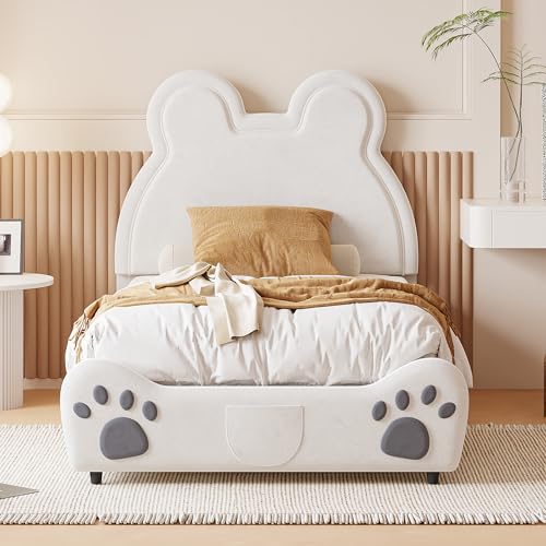 Lumivortex Kinderbett 90x200, Polsterbett Bärenform, Jugendbett 90x200 mit Lattenrost, Kids Bed Weiß, Samt, ohne Matratze (90 x 200 cm Weiß) von Lumivortex