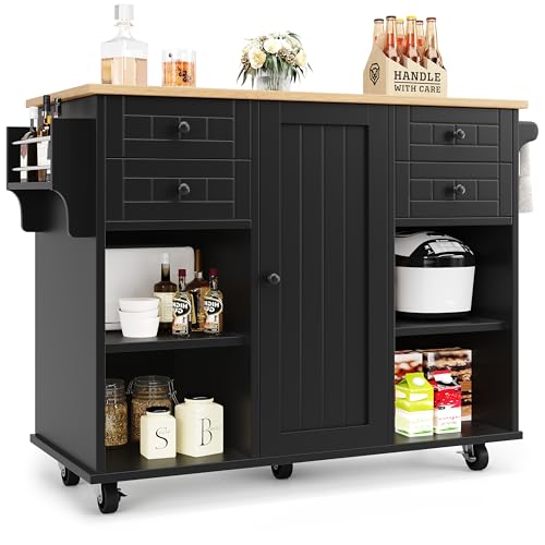 Lumivortex Kücheninsel mit Arbeitsplatte, Küchenwagen mit Rollen 360 Grad Drehbaren, Küchenschrank mit Multifunktionalem Stauraum und Herausnehmbaren, 127×46×91,5cm (Schwarz) von Lumivortex