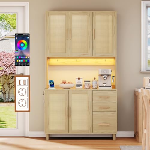 Lumivortex Küchenschrank Mit Schubladen 3, Buffetschrank Küche Mit LED, Küchenschrank Mit Arbeitsplatte Und 2 X USB, 2 X Steckdosen, Mehrzweckschrank, Sideboard Natürlich, 100x40x183cm (Natur) von Lumivortex