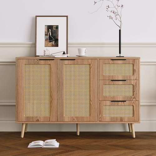 Lumivortex Rattan Kommode mit 2 Türen und 3 Schubladen, Kommode Im Boho Stil, Sideboard Vintage, Komodenschrank mit Verstellbare Ablage, Sideboard Rattan, 120x38x78, Beinen Aus Gummibaumholz (Stil A) Lumivortex Rattan Kommode mit 2 Türen und 3 Schubladen, Kommode Im Boho Stil, Sideboard Vintage, Komodenschrank mit Verstellbare Ablage, Sideboard Rattan, 120x38x78, Beinen Aus Gummibaumholz (Stil A) von Lumivortex