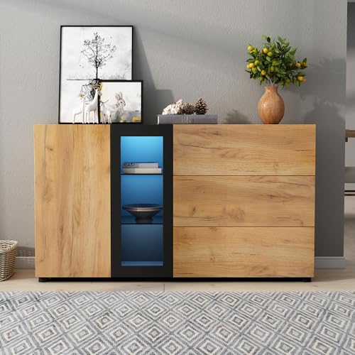 Lumivortex Sideboard Holz LED Beleuchtung, Kommode Mit Schubladen, Sideboard Wohnzimmer, Kommode Holz, Vitrine, Kaffeebar Möbel, Wohnzimmer Möbel, Komodenschrank, 140x40x80cm (Schwarz) von Lumivortex