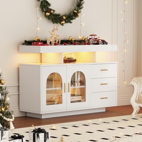 Lumivortex Sideboard Weiss LED Beleuchtung, Kommode Mit Schubladen, Sideboard Wohnzimmer, Komodenschrank, Vitrine, Kaffeebar Möbel, Wohnzimmer Möbel, 120x40x80cm (Weiß) von Lumivortex