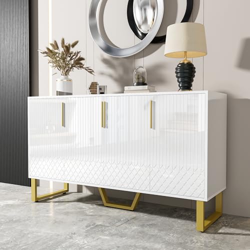 Sideboard Wohnzimmer Weiß, Küchenschrank mit Arbeitsplatte, Kaffeeschrank mit 4 Türen, Sideboard Weiss mit Metallgriffe und beine, Cabinet für Wohnzimmer, Schlafzimmer, 140x40x80cm (Stil B) von Lumivortex