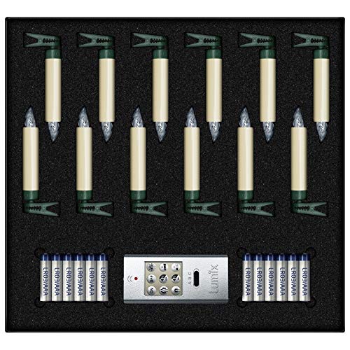 Lumix® LED kabellose Weihnachtsbaum Christbaumkerzen Superlight Mini 12er Basis-Set Warmweiß inkl. Fernbedienung 4h Ausschalt-Funktion Elfenbein 9cm 75522 von Lumix
