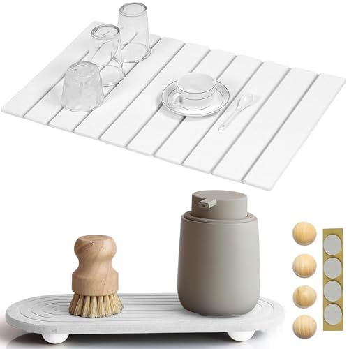 LUMONEST Stein-Abtropfmatte und Untersetzer für Küchentheke, zusammenklappbar, schnell trocknend, wasserabsorbierend, Badematte für Geschirr und jede Arbeitsplatte (weiß, 61 x 40 cm) von LumoNest