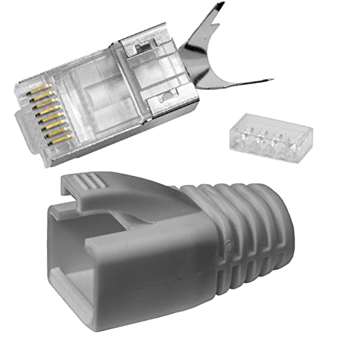 Lumonic 20x Netzwerkstecker RJ45 Stecker Grau I Mit Zugentlastung, Einführhilfe & Knickschutz I Crimpstecker für CAT5, CAT6 und CAT7 Netzwerk-LAN-Kabe von Lumonic