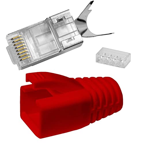 Lumonic 50x Netzwerkstecker RJ45 Stecker Rot I Mit Zugentlastung, Einführhilfe & Knickschutz I Crimpstecker für CAT5, CAT6 und CAT7 Netzwerk-LAN-Kabel von Lumonic