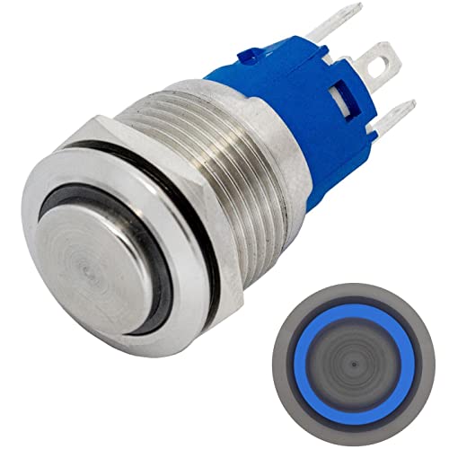 Lumonic Edelstahl Druckschalter erhaben 19mm Durchmesser I Mit einer Ring LED in Blau Maße: 2,8x0,5mm Pin s 250V 3A I Vandalismussicher nach dem IP65 Standard von Lumonic