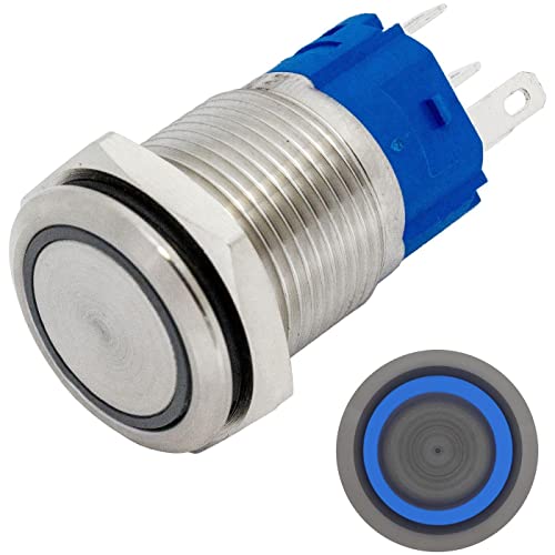 Lumonic Edelstahl Druckschalter flach 16mm Durchmesser I Mit einer Ring LED in Blau Maße: 2,8x0,5mm Pin s 250V 3A I Vandalismussicher nach dem IP65 Standard von Lumonic