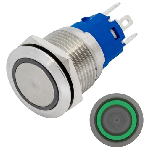 Lumonic Edelstahl Druckschalter flach 19mm Durchmesser I Mit einer Ring LED in Grün Maße: 2,8x0,5mm Pin s 250V 3A I Vandalismussicher nach dem IP65 St von Lumonic