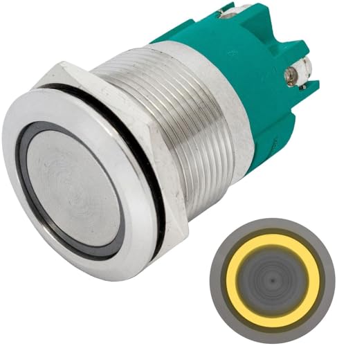 Lumonic Edelstahl Druckschalter flach 22mm Durchmesser I Mit einer Ring LED in Gelb Maße: Schraubanschluss 250V 3A I Vandalismussicher nach dem IP65 Standard von Lumonic