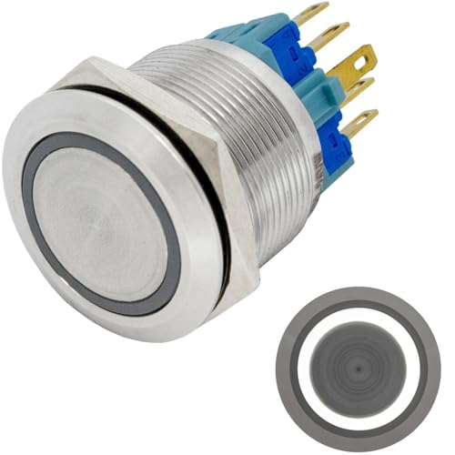 Lumonic Edelstahl Druckschalter flach 22mm Durchmesser I Mit einer Ring LED in Kalt-Weiß Maße: 2,8x0,5mm Pin s 250V 3A I Vandalismussicher nach dem IP von Lumonic