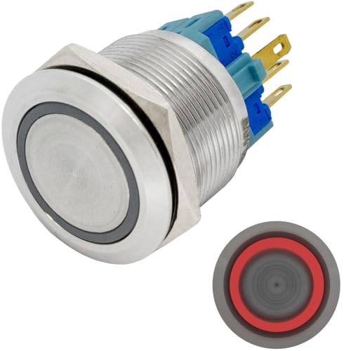 Lumonic Edelstahl Druckschalter flach 22mm Durchmesser I Mit einer Ring LED in Rot Maße: 2,8x0,5mm Pin s 250V 3A I Vandalismussicher nach dem IP65 Standard von Lumonic