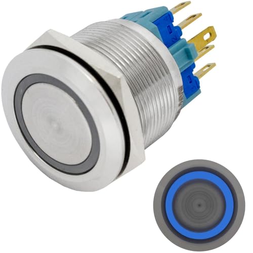Lumonic Edelstahl Druckschalter flach 25mm Durchmesser I Mit einer Ring LED in Blau Maße: 2,8x0,5mm Pin s 250V 3A I Vandalismussicher nach dem IP65 St von Lumonic