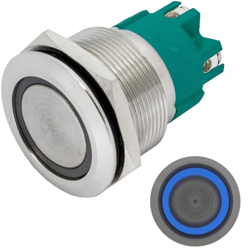 Lumonic Edelstahl Druckschalter flach 25mm Durchmesser I Mit einer Ring LED in Blau Maße: Schraubanschluss 250V 3A I Vandalismussicher nach dem IP65 S von Lumonic