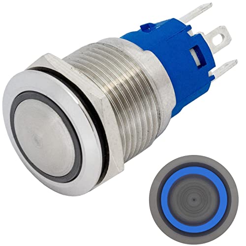 Lumonic Edelstahl Druckschalter gewölbt 19mm Durchmesser I Mit einer Ring LED in Blau Maße: 2,8x0,5mm Pin s 250V 3A I Vandalismussicher nach dem IP65 Standard von Lumonic