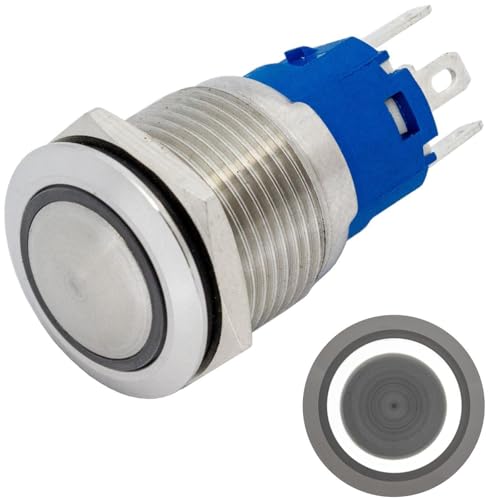 Lumonic Edelstahl Druckschalter gewölbt 19mm Durchmesser I Mit einer Ring LED in Kalt-Weiß Maße: 2,8x0,5mm Pin s 250V 3A I Vandalismussicher nach dem IP65 Standard von Lumonic