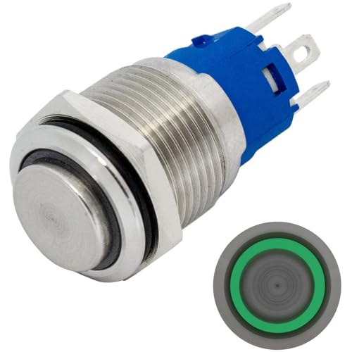 Lumonic Edelstahl Drucktaster erhaben 16mm Durchmesser I Mit einer Ring LED in Grün Maße: 2,8x0,5mm Pin s 250V 3A I Vandalismussicher nach dem IP65 St von Lumonic