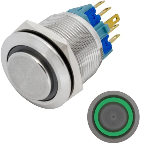 Lumonic Edelstahl Drucktaster erhaben 22mm Durchmesser I Mit einer Ring LED in Grün Maße: 2,8x0,5mm Pin s 250V 3A I Vandalismussicher nach dem IP65 Standard von Lumonic