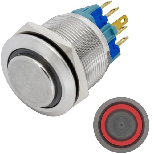 Lumonic Edelstahl Drucktaster erhaben 22mm Durchmesser I Mit einer Ring LED in Rot Maße: 2,8x0,5mm Pin s 250V 3A I Vandalismussicher nach dem IP65 Sta von Lumonic