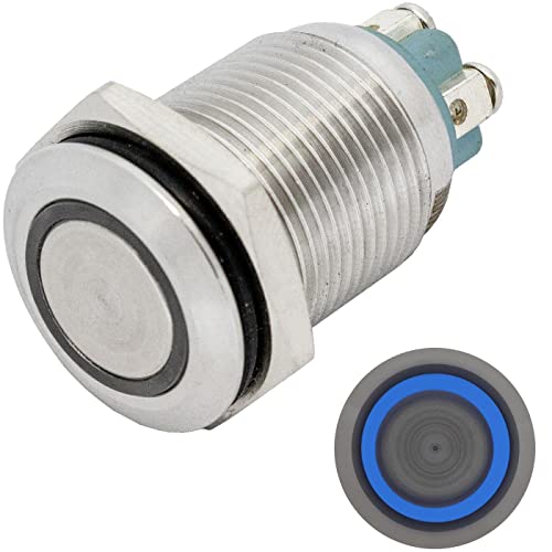 Lumonic Edelstahl Drucktaster flach 16mm Durchmesser I Mit einer Ring LED in Blau Maße: Schraubanschluss 250V 3A I Vandalismussicher nach dem IP65 Standard von Lumonic