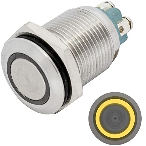 Lumonic Edelstahl Drucktaster flach 16mm Durchmesser I Mit einer Ring LED in Gelb Maße: Schraubanschluss 250V 3A I Vandalismussicher nach dem IP65 Sta von Lumonic