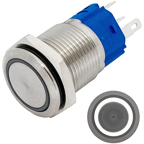 Lumonic Edelstahl Drucktaster flach 16mm Durchmesser I Mit einer Ring LED in Kalt-Weiß Maße: 2,8x0,5mm Pin s 250V 3A I Vandalismussicher nach dem IP65 von Lumonic