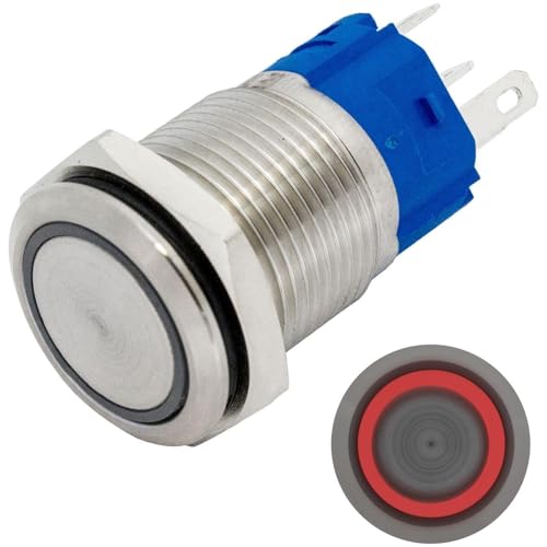 Lumonic Edelstahl Drucktaster flach 16mm Durchmesser I Mit einer Ring LED in Rot Maße: 2,8x0,5mm Pin s 250V 3A I Vandalismussicher nach dem IP65 Standard von Lumonic