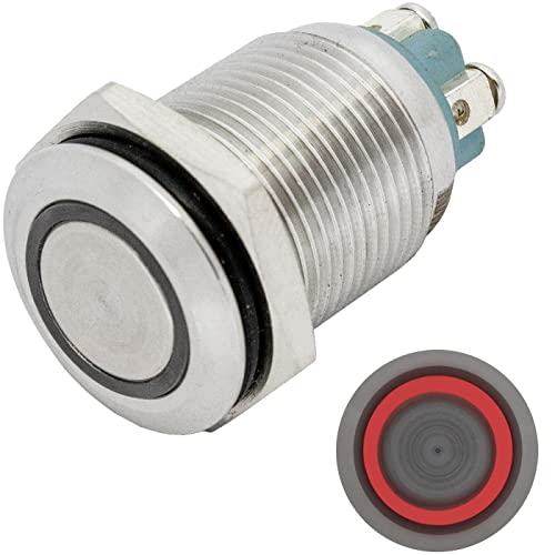 Lumonic Edelstahl Drucktaster flach 16mm Durchmesser I Mit einer Ring LED in Rot Maße: Schraubanschluss 250V 3A I Vandalismussicher nach dem IP65 Stan von Lumonic