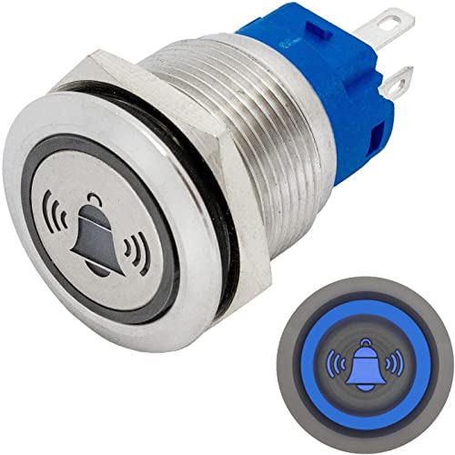 Lumonic Edelstahl Drucktaster flach 19mm Durchmesser I Mit einer Glocke LED in Blau Maße: 2,8x0,5mm Pin s 250V 3A I Vandalismussicher nach dem IP65 Standard von Lumonic