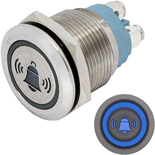 Lumonic Edelstahl Drucktaster flach 19mm Durchmesser I Mit einer Glocke LED in Blau Maße: Schraubanschluss 250V 3A I Vandalismussicher nach dem IP65 Standard von Lumonic