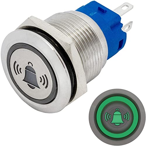Lumonic Edelstahl Drucktaster flach 19mm Durchmesser I Mit einer Glocke LED in Grün Maße: 2,8x0,5mm Pin s 250V 3A I Vandalismussicher nach dem IP65 St von Lumonic