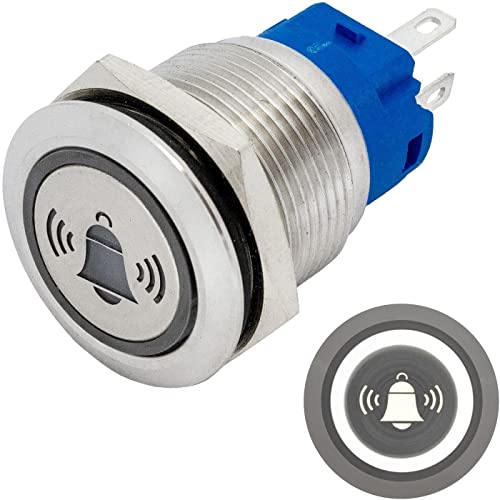 Lumonic Edelstahl Drucktaster flach 19mm Durchmesser I Mit einer Glocke LED in Kalt-Weiß Maße: 2,8x0,5mm Pin s 250V 3A I Vandalismussicher nach dem IP65 Standard von Lumonic