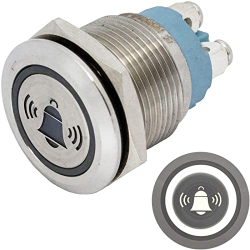Lumonic Edelstahl Drucktaster flach 19mm Durchmesser I Mit einer Glocke LED in Kalt-Weiß Maße: Schraubanschluss 250V 3A I Vandalismussicher nach dem IP65 Standard von Lumonic