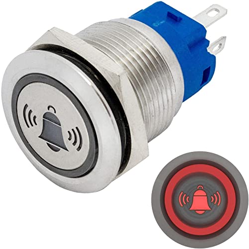Lumonic Edelstahl Drucktaster flach 19mm Durchmesser I Mit einer Glocke LED in Rot Maße: 2,8x0,5mm Pin s 250V 3A I Vandalismussicher nach dem IP65 Standard von Lumonic