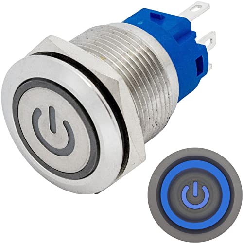 Lumonic Edelstahl Drucktaster flach 19mm Durchmesser I Mit einer Power LED in Blau Maße: 2,8x0,5mm Pin s 250V 3A I Vandalismussicher nach dem IP65 Standard von Lumonic