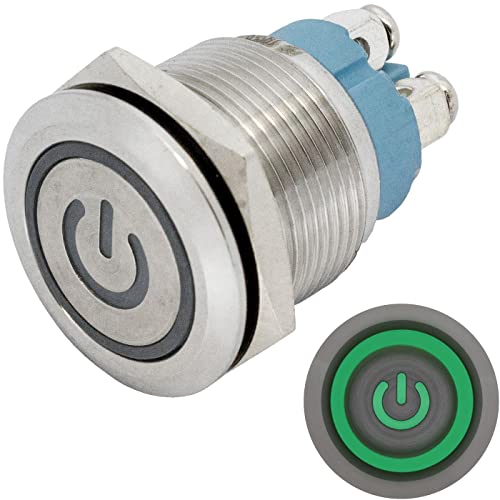 Lumonic Edelstahl Drucktaster flach 19mm Durchmesser I Mit einer Power LED in Grün Maße: Schraubanschluss 250V 3A I Vandalismussicher nach dem IP65 Standard von Lumonic