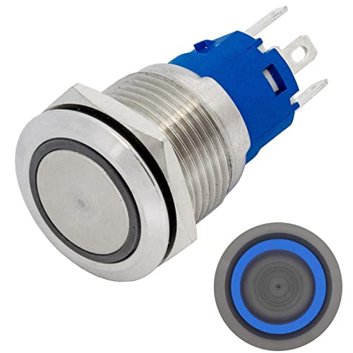 Lumonic Edelstahl Drucktaster flach 19mm Durchmesser I Mit einer Ring LED in Blau Maße: 2,8x0,5mm Pin s 250V 3A I Vandalismussicher nach dem IP65 Stan von Lumonic