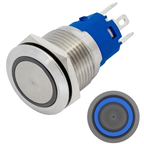 Lumonic Edelstahl Drucktaster flach 19mm Durchmesser I Mit einer Ring LED in Blau Maße: 2,8x0,5mm Pin s 250V 3A I Vandalismussicher nach dem IP65 Standard von Lumonic