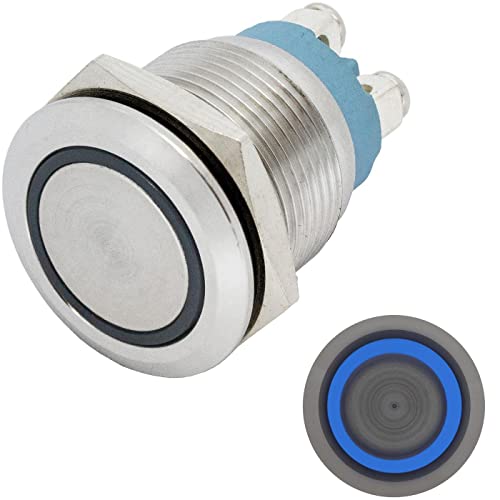 Lumonic Edelstahl Drucktaster flach 19mm Durchmesser I Mit einer Ring LED in Blau Maße: Schraubanschluss 250V 3A I Vandalismussicher nach dem IP65 Sta von Lumonic