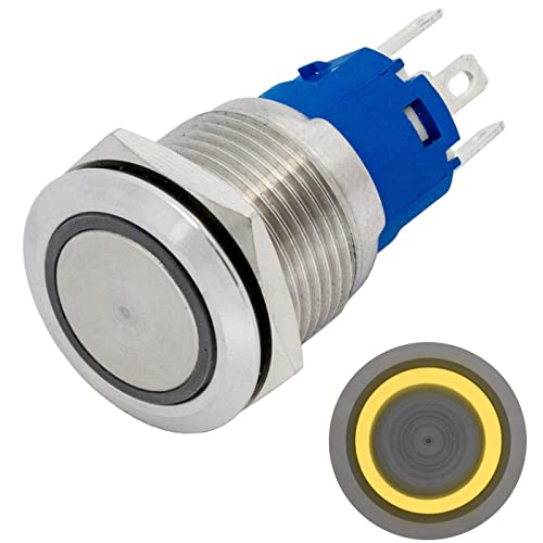 Lumonic Edelstahl Drucktaster flach 19mm Durchmesser I Mit einer Ring LED in Gelb Maße: 2,8x0,5mm Pin s 250V 3A I Vandalismussicher nach dem IP65 Standard von Lumonic