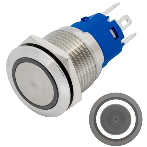 Lumonic Edelstahl Drucktaster flach 19mm Durchmesser I Mit einer Ring LED in Kalt-Weiß Maße: 2,8x0,5mm Pin s 250V 3A I Vandalismussicher nach dem IP65 von Lumonic