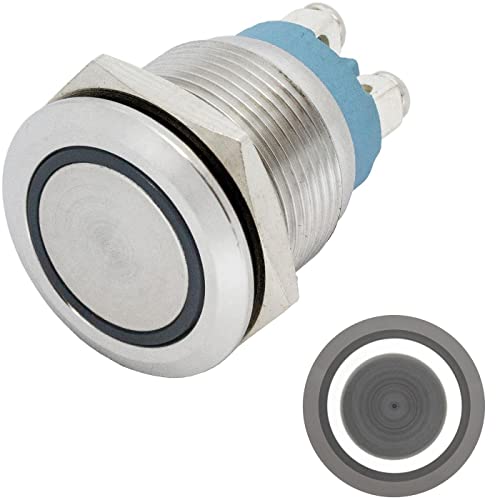 Lumonic Edelstahl Drucktaster flach 19mm Durchmesser I Mit einer Ring LED in Kalt-Weiß Maße: Schraubanschluss 250V 3A I Vandalismussicher nach dem IP65 Standard von Lumonic