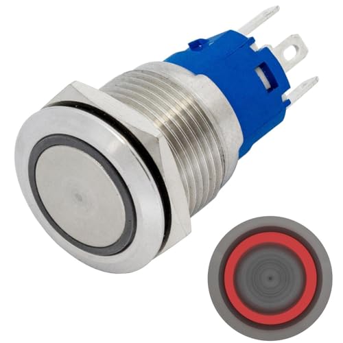 Lumonic Edelstahl Drucktaster flach 19mm Durchmesser I Mit einer Ring LED in Rot Maße: 2,8x0,5mm Pin s 250V 3A I Vandalismussicher nach dem IP65 Standard von Lumonic