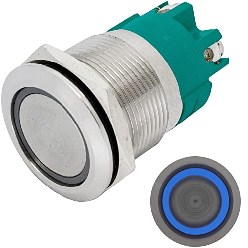 Lumonic Edelstahl Drucktaster flach 22mm Durchmesser I Mit einer Ring LED in Blau Maße: Schraubanschluss 250V 3A I Vandalismussicher nach dem IP65 Sta von Lumonic