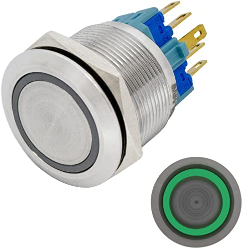 Lumonic Edelstahl Drucktaster flach 22mm Durchmesser I Mit einer Ring LED in Grün Maße: 2,8x0,5mm Pin s 250V 3A I Vandalismussicher nach dem IP65 Standard von Lumonic