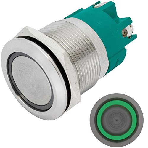 Lumonic Edelstahl Drucktaster flach 22mm Durchmesser I Mit einer Ring LED in Grün Maße: Schraubanschluss 250V 3A I Vandalismussicher nach dem IP65 Sta von Lumonic